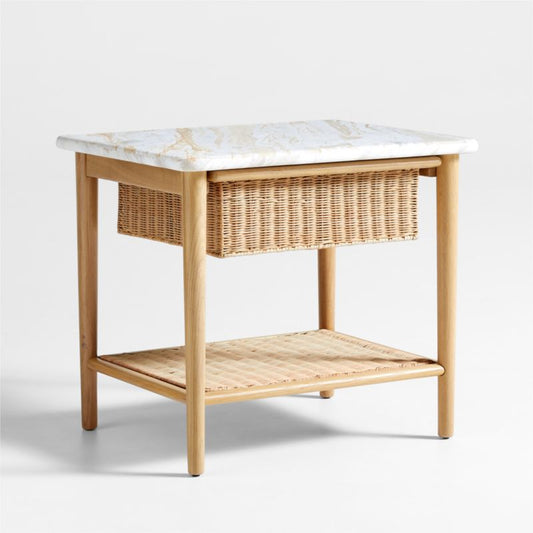 Aeree Natural Oak And Rattan Storage Side Table With Marble Top