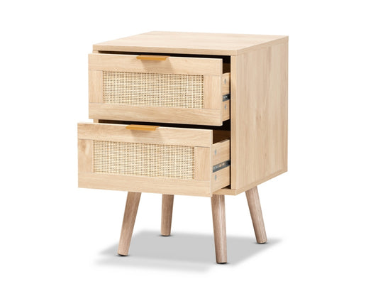 Baxton Studio Baird Light Oak And Rattan 2-Drawer Nightstand