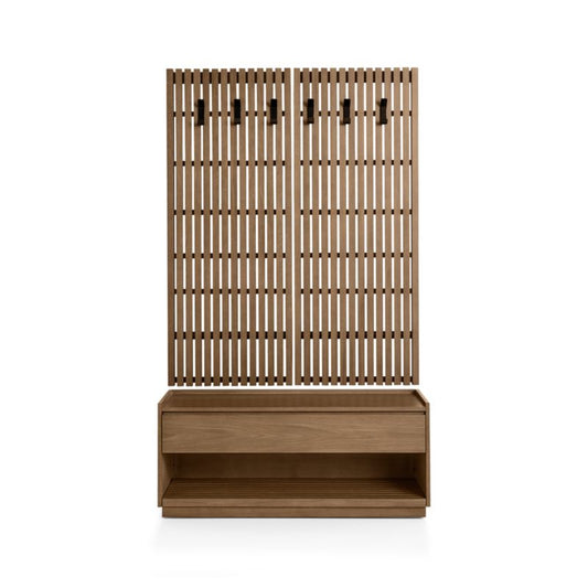 Batten Brown Oak Storage Bench And Panel Set