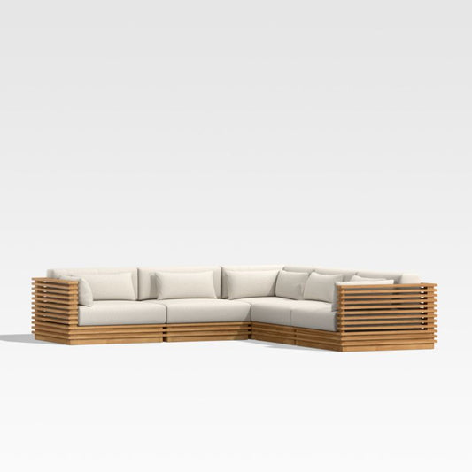 Batten 5-Piece L-Shaped Teak Outdoor Sectional Sofa With Oat Cushions