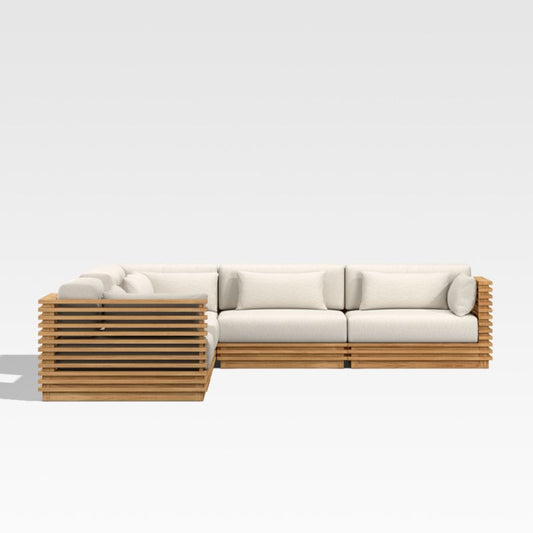 Batten 6-Piece L-Shaped Teak Outdoor Sectional Sofa With Side Coffee Table & Oat Cushions