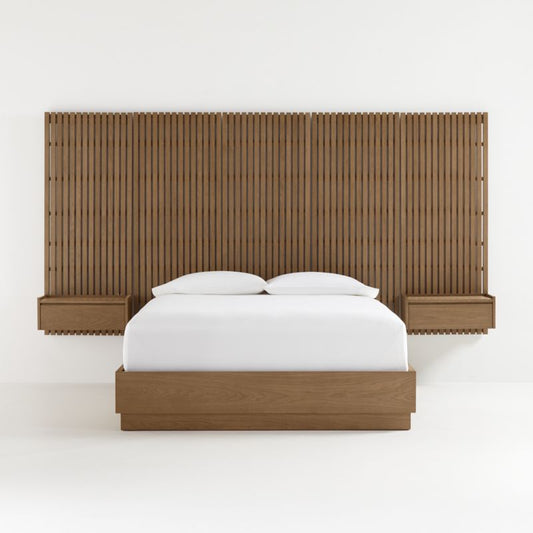 Batten Brown Oak Bed Base With Panels And Nightstands