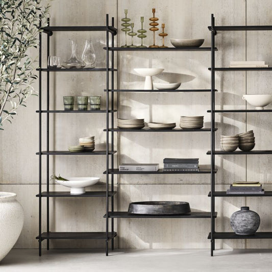 Petra Black Oak Wood And Metal Wall-Mounted 95.5" Bookcase Unit