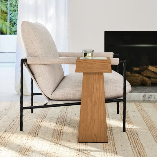 Seriana Natural Oak Wood And Marble Square Pedestal End Table