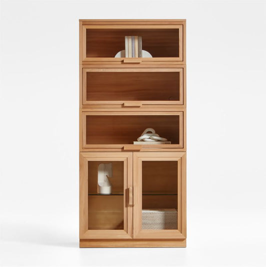 Calypso Natural Elm Wood Modular Storage Cabinet With Glass-Door Base And Glass Doors