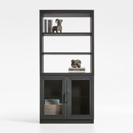 Calypso Black Elm Wood Modular Glass-Door Base And Bookshelf Hutch