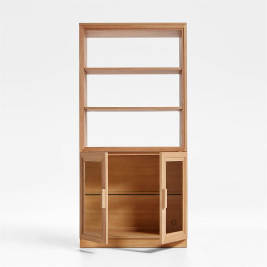 Calypso Natural Elm Wood Modular Glass-Door Base And Bookshelf Hutch