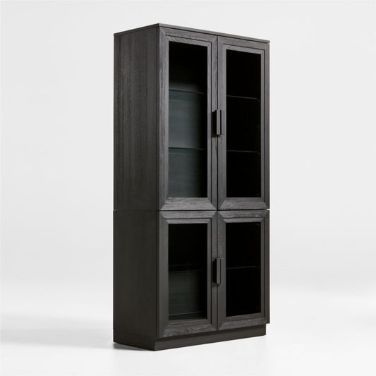 Calypso Black Modular Elm Wood Glass-Door Storage Bookcase Hutch And Base