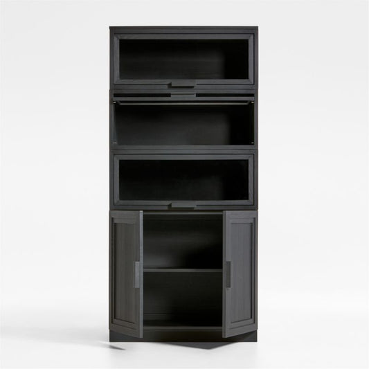 Calypso Black Elm Wood Modular Storage Cabinet With Wood-Door Base And Glass Doors