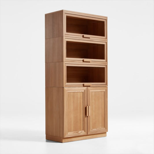 Calypso Natural Elm Modular Storage Cabinet With Wood-Door Base And Glass Doors