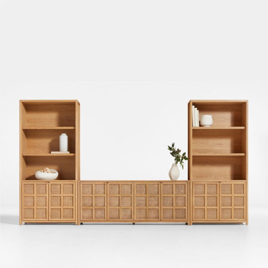 Campagna 76" Rattan And Natural Oak Wood Storage Media Console With 2 Storage Bookcases