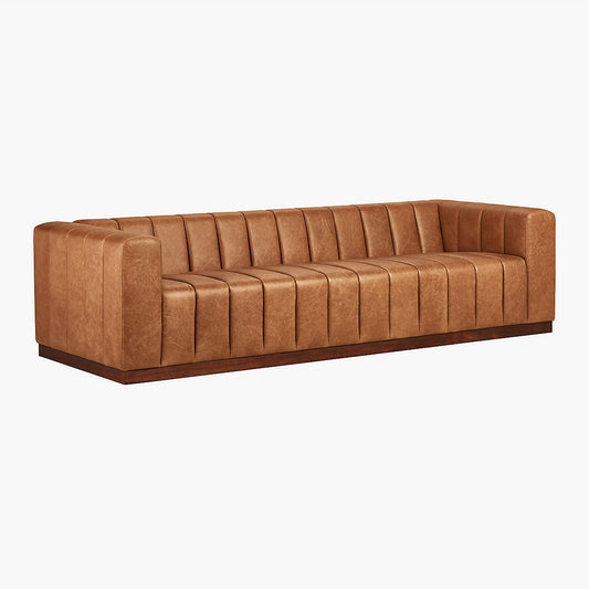 Forte 101" Extra-Large Channeled Saddle Leather Sofa With Walnut Base