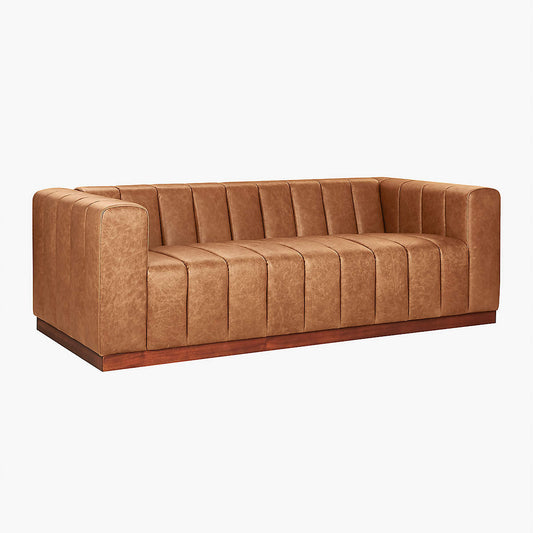 Forte 81" Channeled Saddle Leather Sofa With Walnut Base