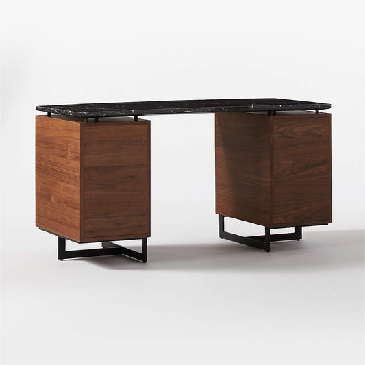 Fullerton 6-Drawer Walnut Wood Desk With Black Marble Top