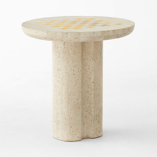 Kikko White Travertine And Brass Inlay Game Side Table