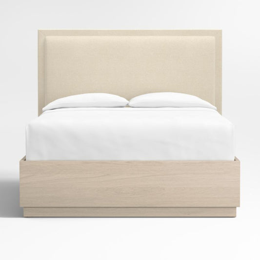 Meraux 56" Ivory Upholstered Queen Headboard With Batten White Oak Storage Bed Base