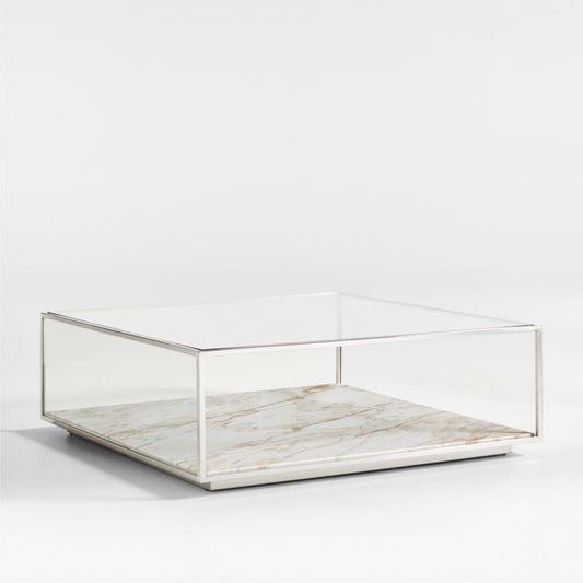 Modernist Metal And Glass 44" Square Display Coffee Table With Marble Shelf