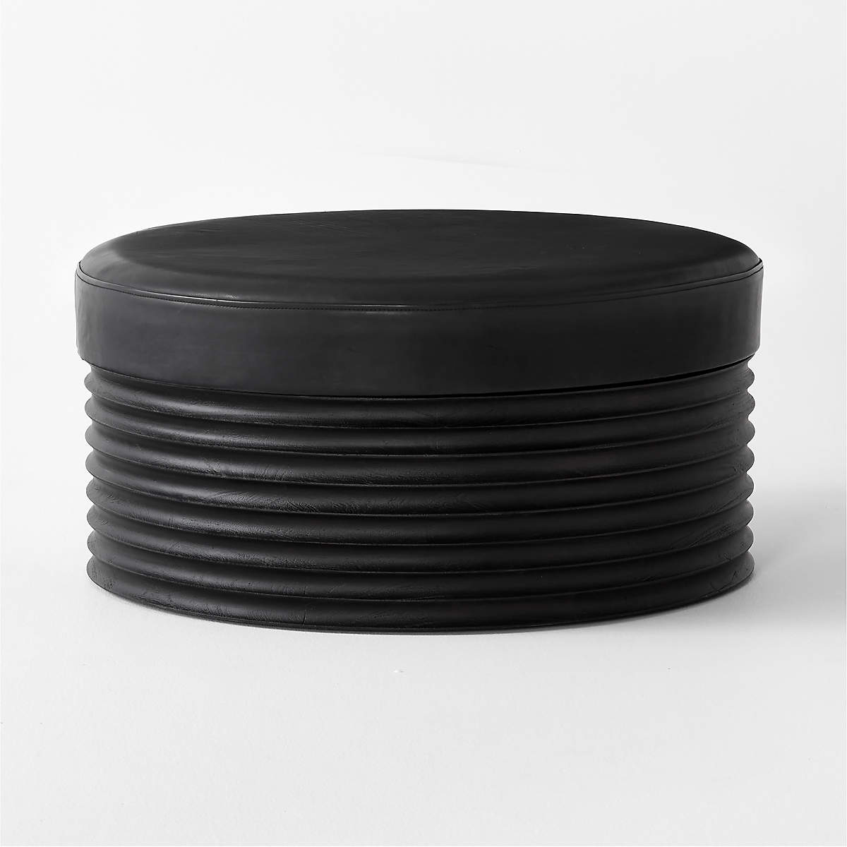 Mozambique Black Leather And Acacia Wood Ottoman