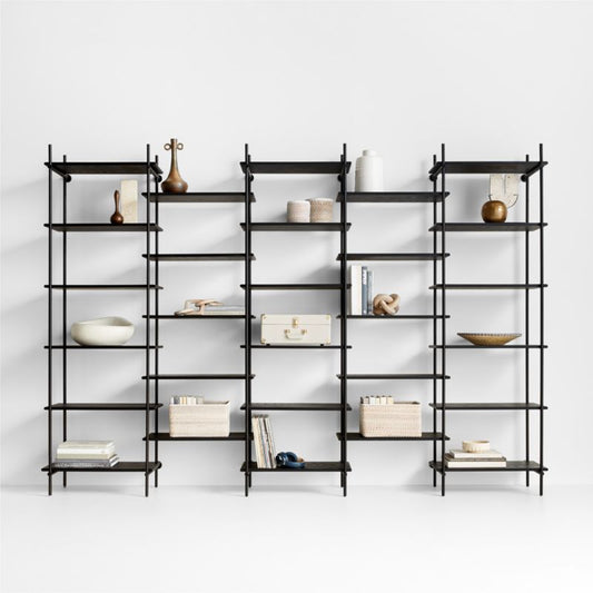 Petra Black Oak Wood And Metal Wall-Mounted 137" Bookcase Unit