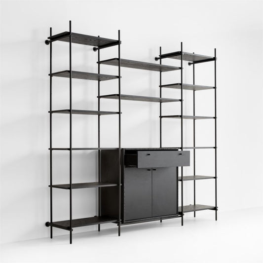 Petra Black Oak Wood And Metal Wall-Mounted 95.5" Storage Cabinet And Bookcase Unit