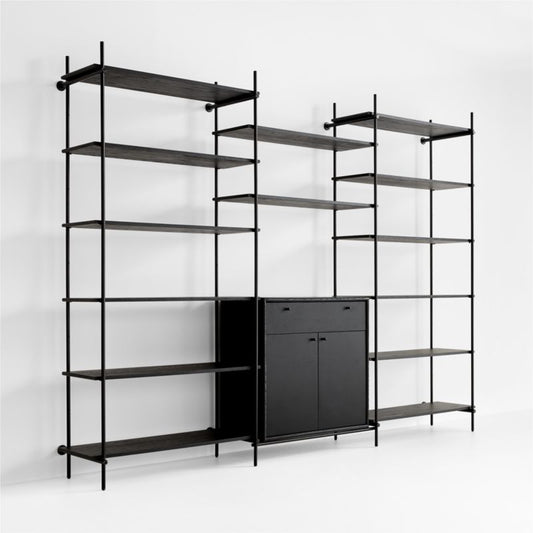 Petra Black Oak Wood And Metal Wall-Mounted 122" Storage Cabinet And Bookcase Unit