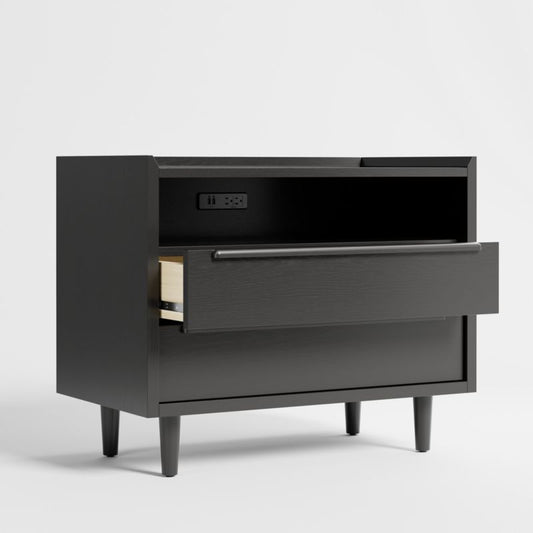 Tate Black 2-Drawer Mid-Century Nightstand With Power Outlets
