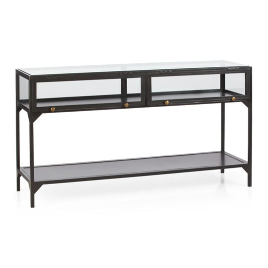 Ventana 54" Rectangular Black Iron And Glass Storage Console Table