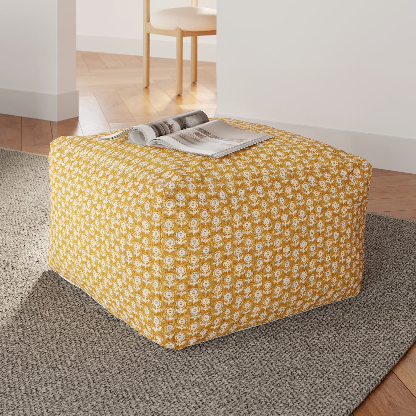 Priya Yellow Blockprint Pouf