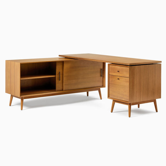 Mid-Century Modular L-Shaped Desk W/ File Cabinet & Bookcase (70") - Ada