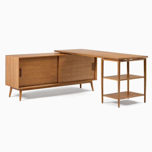 Mid-Century Modular L-Shaped Desk W/ Shelves & Bookcase (70")