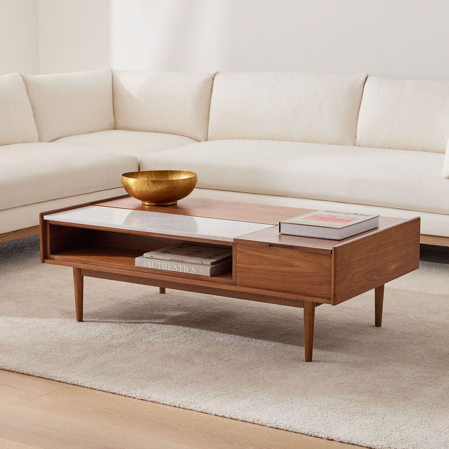 Mid-Century Double Pop-Up Coffee Table - Walnut/White Marble