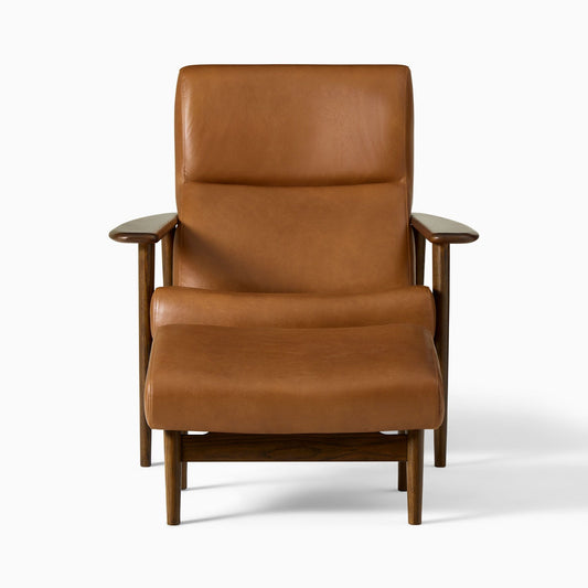 Mid-Century Show Wood High-Back Leather Chair & Ottoman Set